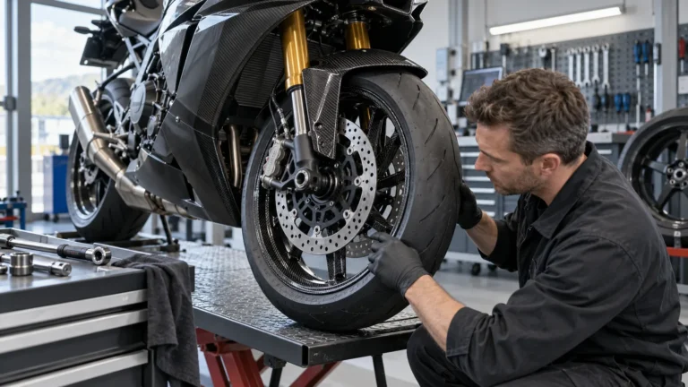 Andere Felgen und Carbonräder am Motorrad: Mechaniker begutachtet Anbauteile an dem Motorrad in der Werkstatt. KI-generiertes Symbolbild · redaktionell geprüft.
