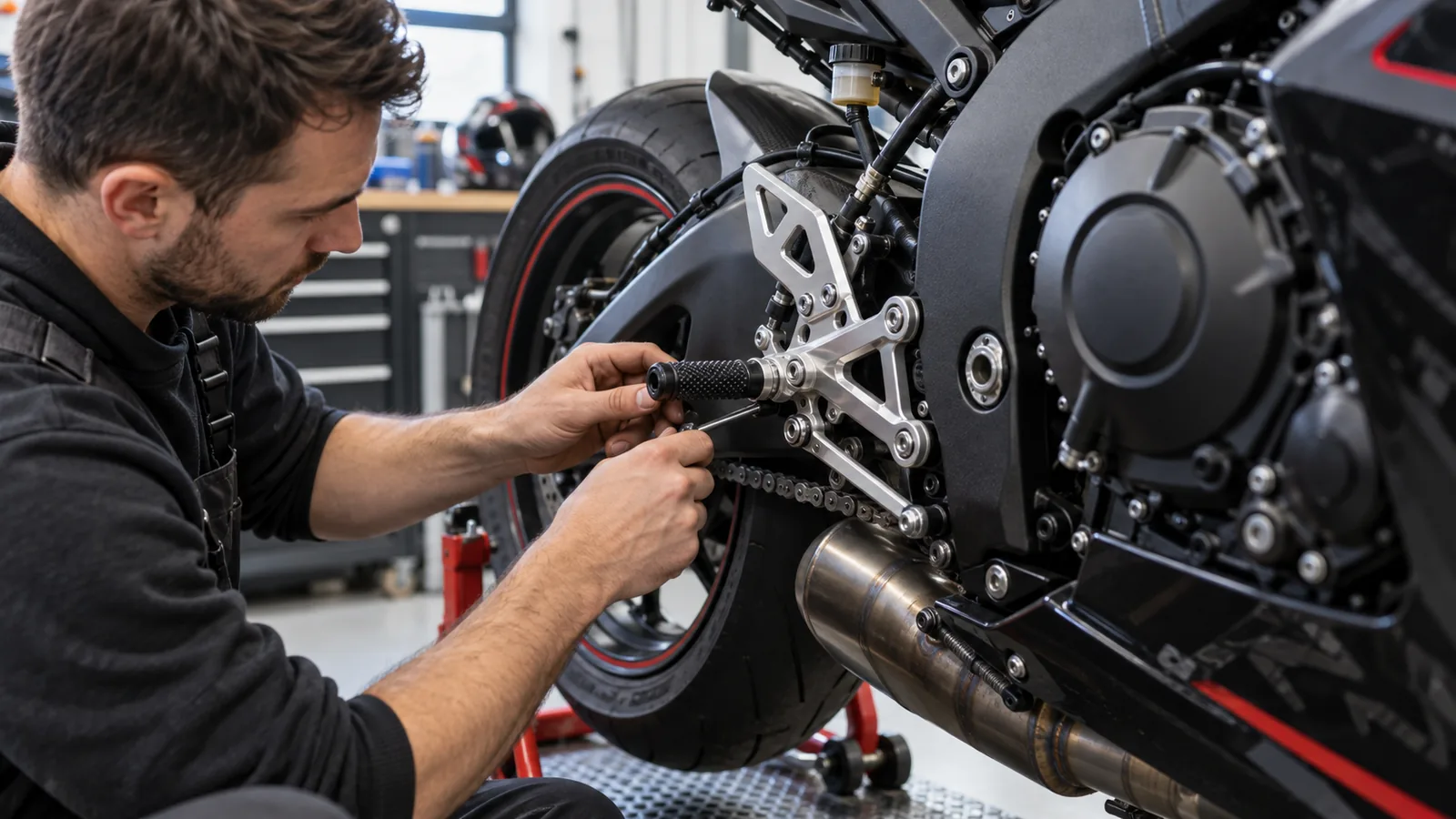 Fußrasten und Rearsets: Mechaniker prüft ein Motorrad und zugehörige Anbauteile in der Werkstatt. KI-generiertes Symbolbild · redaktionell geprüft.