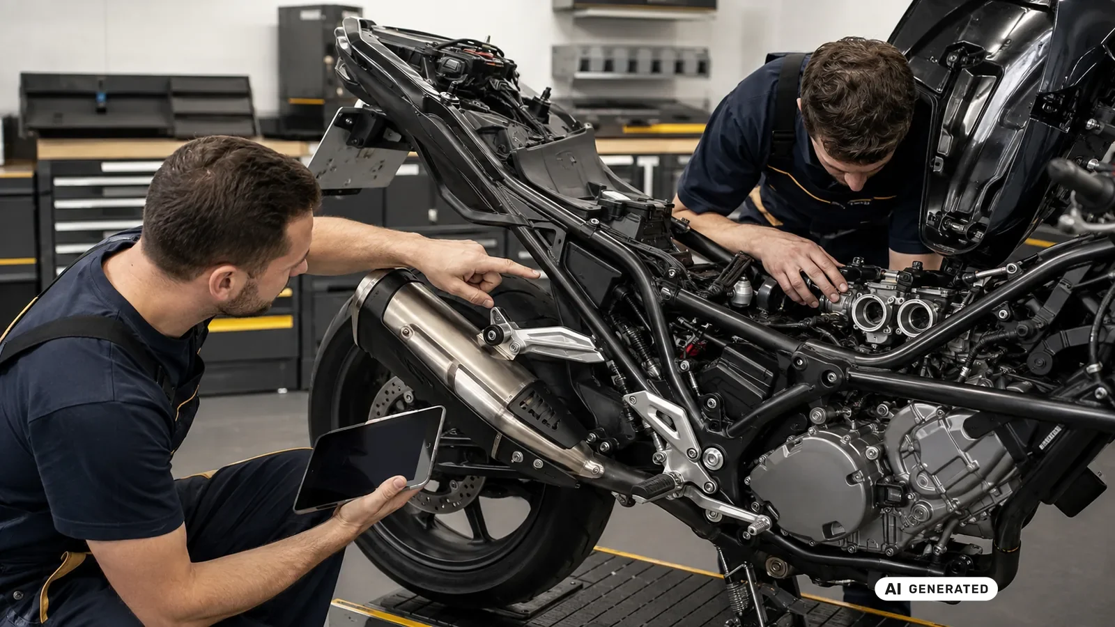 Zwei Techniker dokumentieren Ansaugung und Auspuff eines umgebauten Motorrads — KI-generierte Szene, redaktionell geprüft