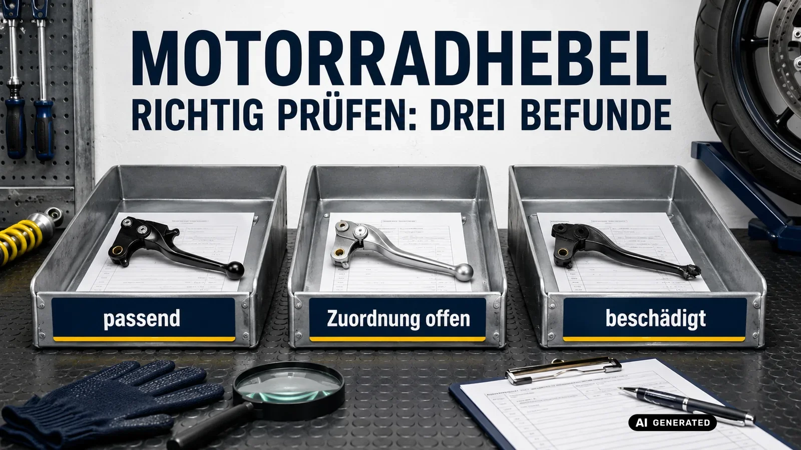 Drei Hebelbefunde am Motorrad nebeneinander: passend, Zuordnung offen und beschädigtes Bauteil. — KI-generierte Szene, redaktionell geprüft