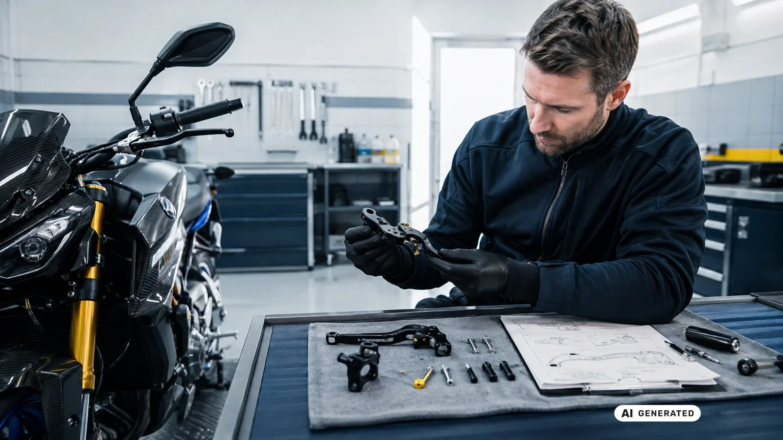 KI-generiertes Symbolbild, redaktionell geprüft: Ausgebaute Hebel und Kleinteile liegen auf einer Matte, dahinter steht ein Motorrad auf dem Werkstattboden — KI-generierte Szene, redaktionell geprüft