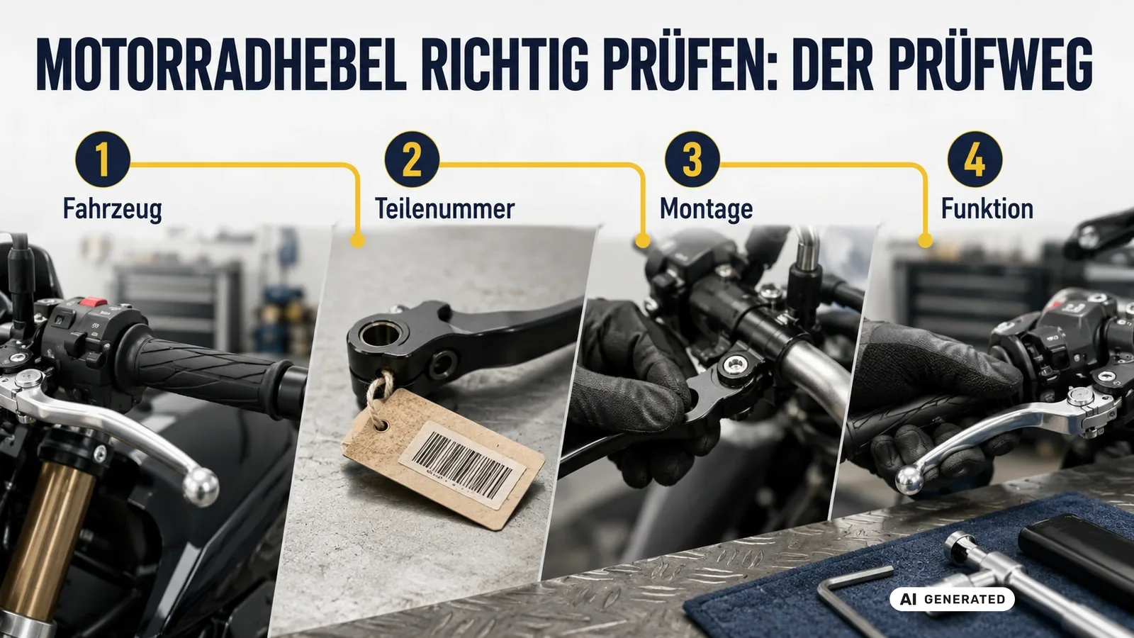 Vier Schritte am Brems- und Kupplungshebel: Fahrzeug, Teilenummer, Montage am Lenker und Funktion. — KI-generierte Szene, redaktionell geprüft