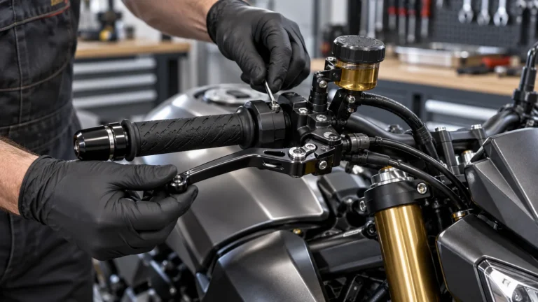 Brems- und Kupplungshebel: Mechaniker prüft ein Motorrad und zugehörige Anbauteile in der Werkstatt. KI-generiertes Symbolbild · redaktionell geprüft.