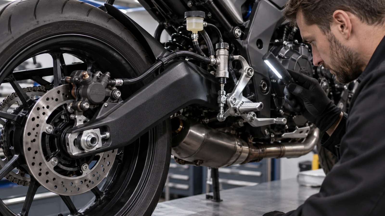 Mechaniker arbeitet am Hinterradbremssattel neben Ausgleichsbehälter und Fußraste. KI-generierte Szene · redaktionell geprüft.