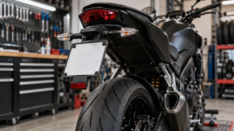 Kurzer Kennzeichenhalter: Mechaniker prüft ein Motorrad und zugehörige Anbauteile in der Werkstatt. KI-generiertes Symbolbild · redaktionell geprüft.