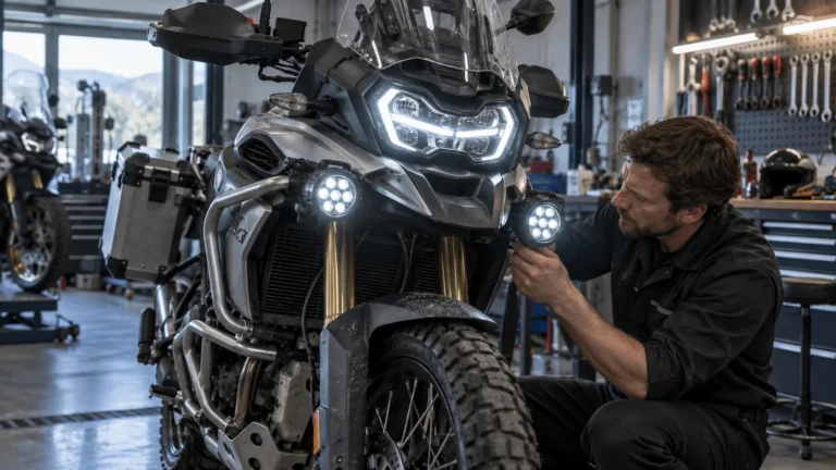 LED-Scheinwerfer und Zusatzlicht am Motorrad: Mechaniker begutachtet Anbauteile an dem Motorrad in der Werkstatt. KI-generiertes Symbolbild · redaktionell geprüft.