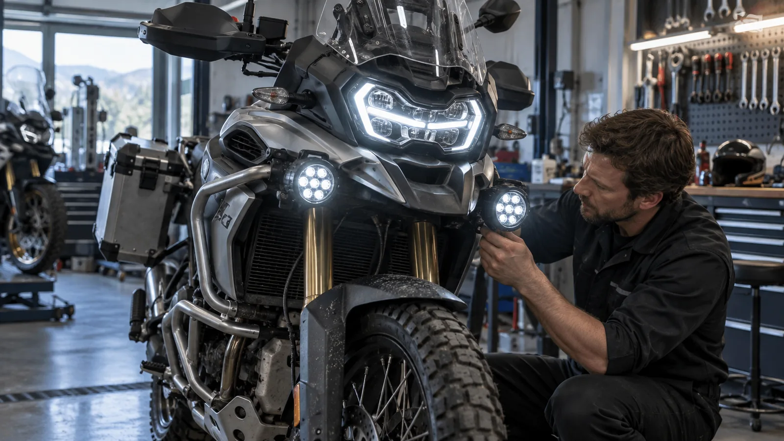 LED-Scheinwerfer und Zusatzlicht am Motorrad: Mechaniker begutachtet Anbauteile an dem Motorrad in der Werkstatt. KI-generiertes Symbolbild · redaktionell geprüft.