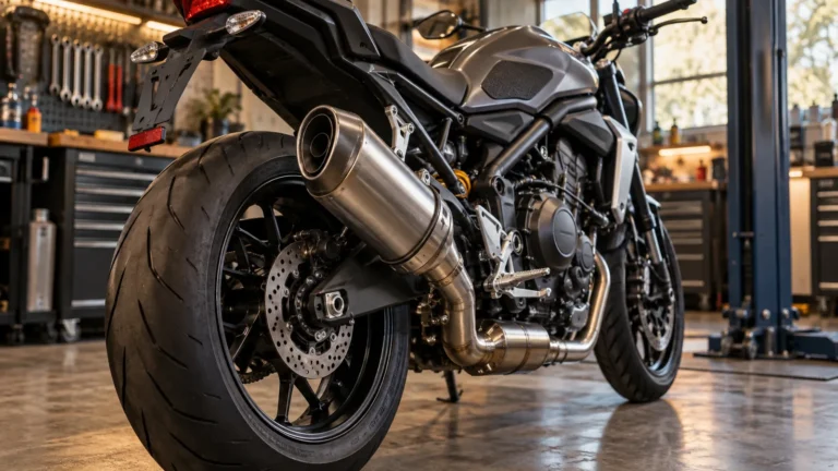 Sitzbank, Rahmenheck und Einsitzer-Umbau am Motorrad: Mechaniker prüft ein Motorrad und zugehörige Anbauteile in der Werkstatt. KI-generiertes Symbolbild · redaktionell geprüft.