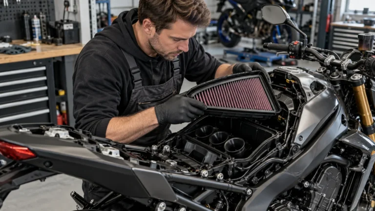 Sportluftfilter und offene Airbox am Motorrad: Mechaniker prüft ein Motorrad und zugehörige Anbauteile in der Werkstatt. KI-generiertes Symbolbild · redaktionell geprüft.