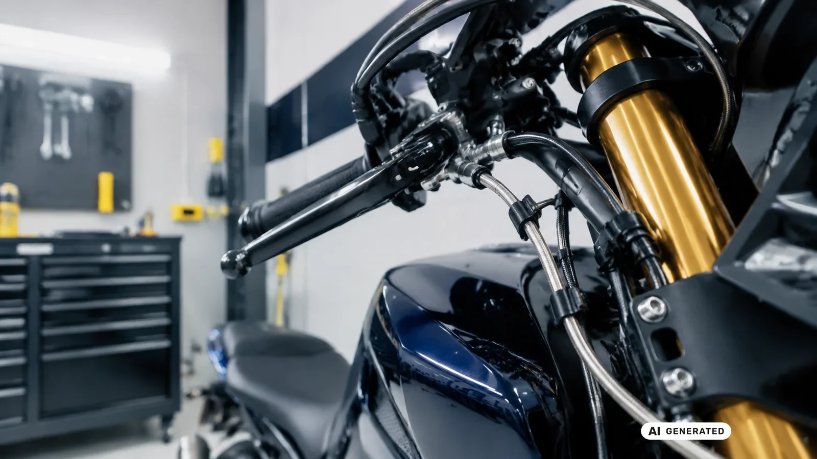 KI-generiertes Symbolbild, redaktionell geprüft: Eine Bremsleitung verläuft vom Lenker entlang der goldfarbenen Gabel eines Motorrads bis zum Bremssattel — KI-generierte Szene, redaktionell geprüft