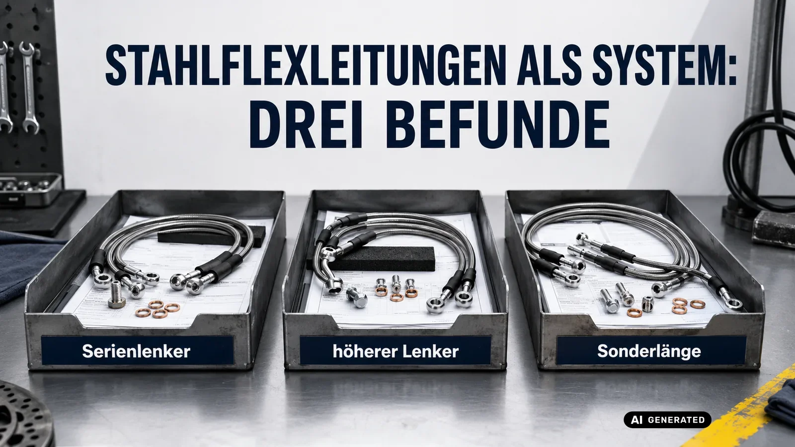 Drei Leitungsfälle im Vergleich: Serienlenker, höherer Lenker und Stahlflexleitung in Sonderlänge. — KI-generierte Szene, redaktionell geprüft