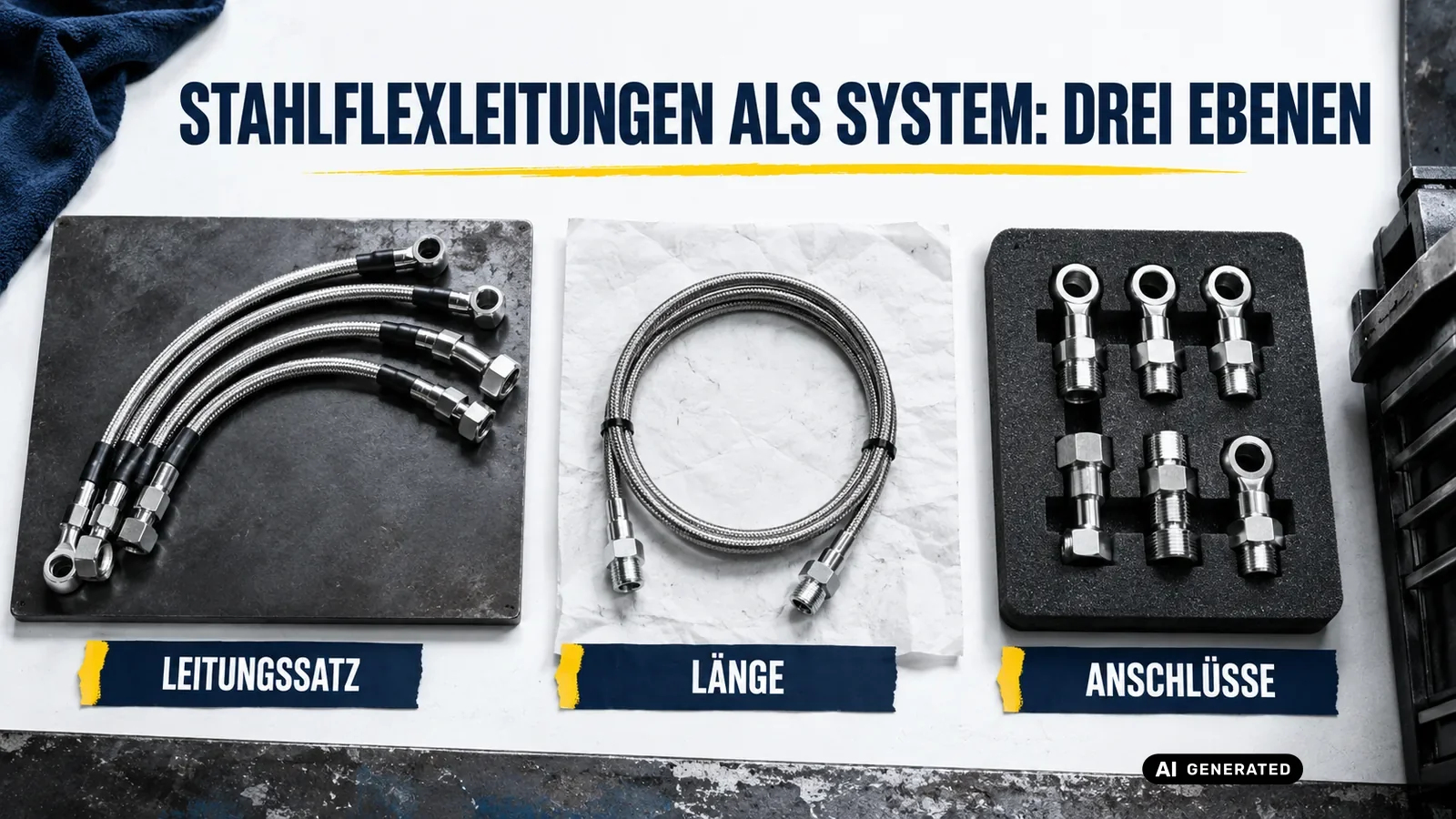 Stahlflexleitungen als System in drei Ebenen: Leitungssatz, Länge und die Anschlüsse an den Enden. — KI-generierte Szene, redaktionell geprüft