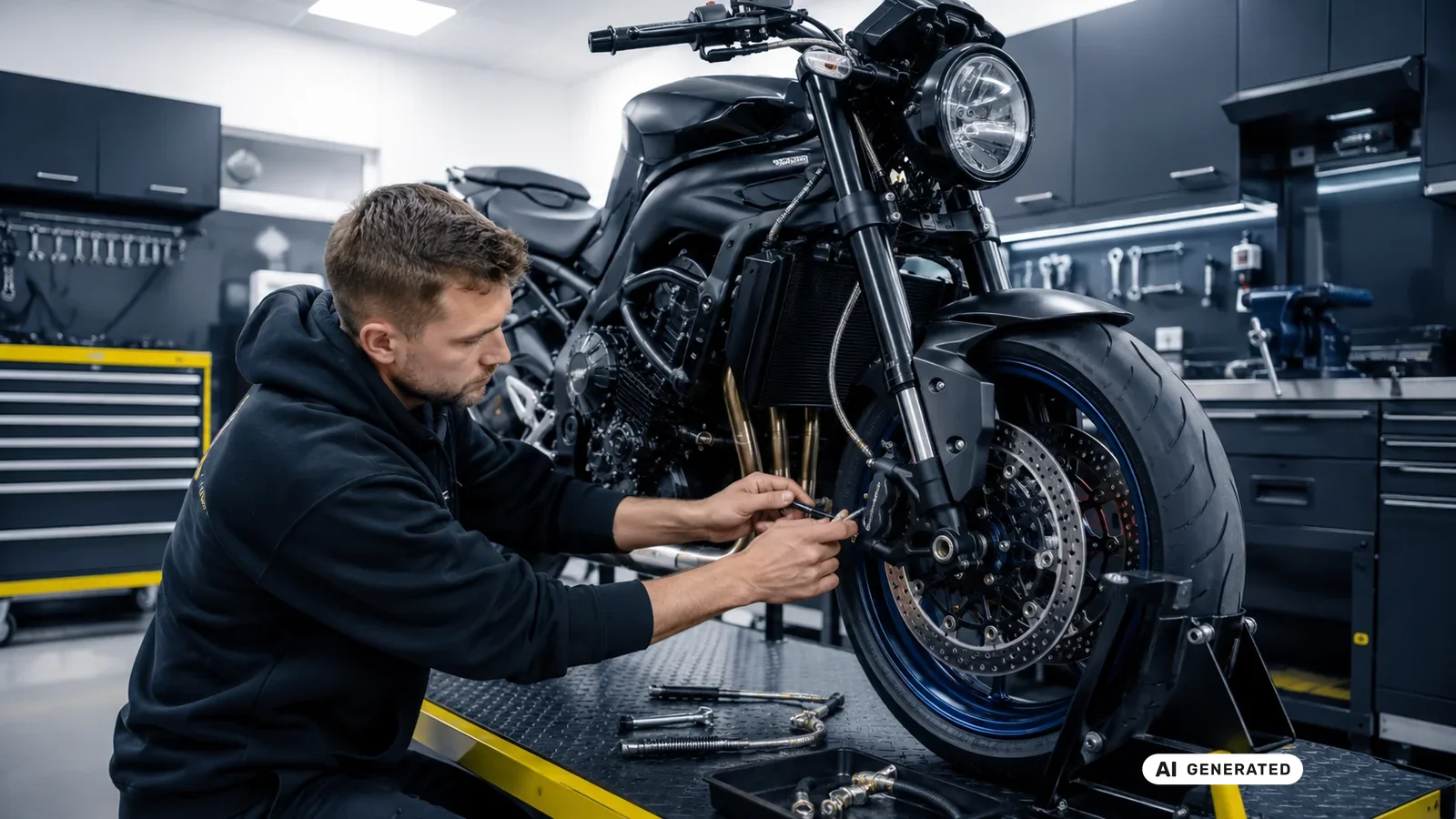 KI-generiertes Symbolbild, redaktionell geprüft: Ein Mechaniker verlegt kniend die Bremsleitung am Vorderrad eines Motorrads auf einem Montageständer — KI-generierte Szene, redaktionell geprüft