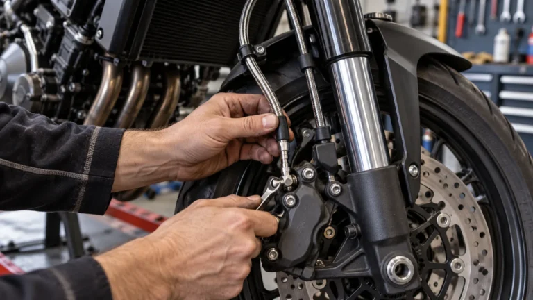 Stahlflexleitungen am Motorrad: Mechaniker prüft ein Motorrad und zugehörige Anbauteile in der Werkstatt. KI-generiertes Symbolbild · redaktionell geprüft.