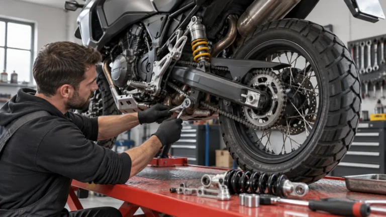 Motorrad tiefer- oder höherlegen: Mechaniker prüft ein Motorrad und zugehörige Anbauteile in der Werkstatt. KI-generiertes Symbolbild · redaktionell geprüft.
