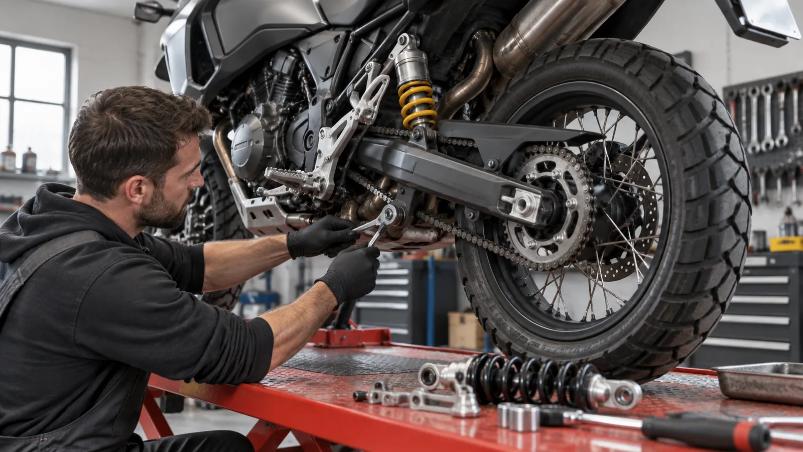 Motorrad tiefer- oder höherlegen: Mechaniker prüft ein Motorrad und zugehörige Anbauteile in der Werkstatt. KI-generiertes Symbolbild · redaktionell geprüft.