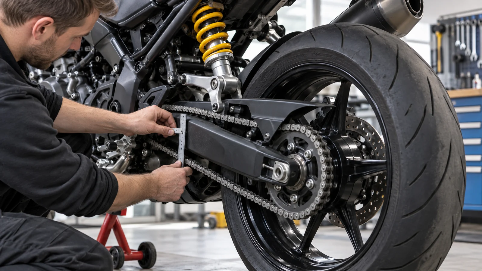 Mechaniker misst mit einem Lineal den Kettendurchhang an der Schwinge eines Motorrads. KI-generierte Szene · redaktionell geprüft.