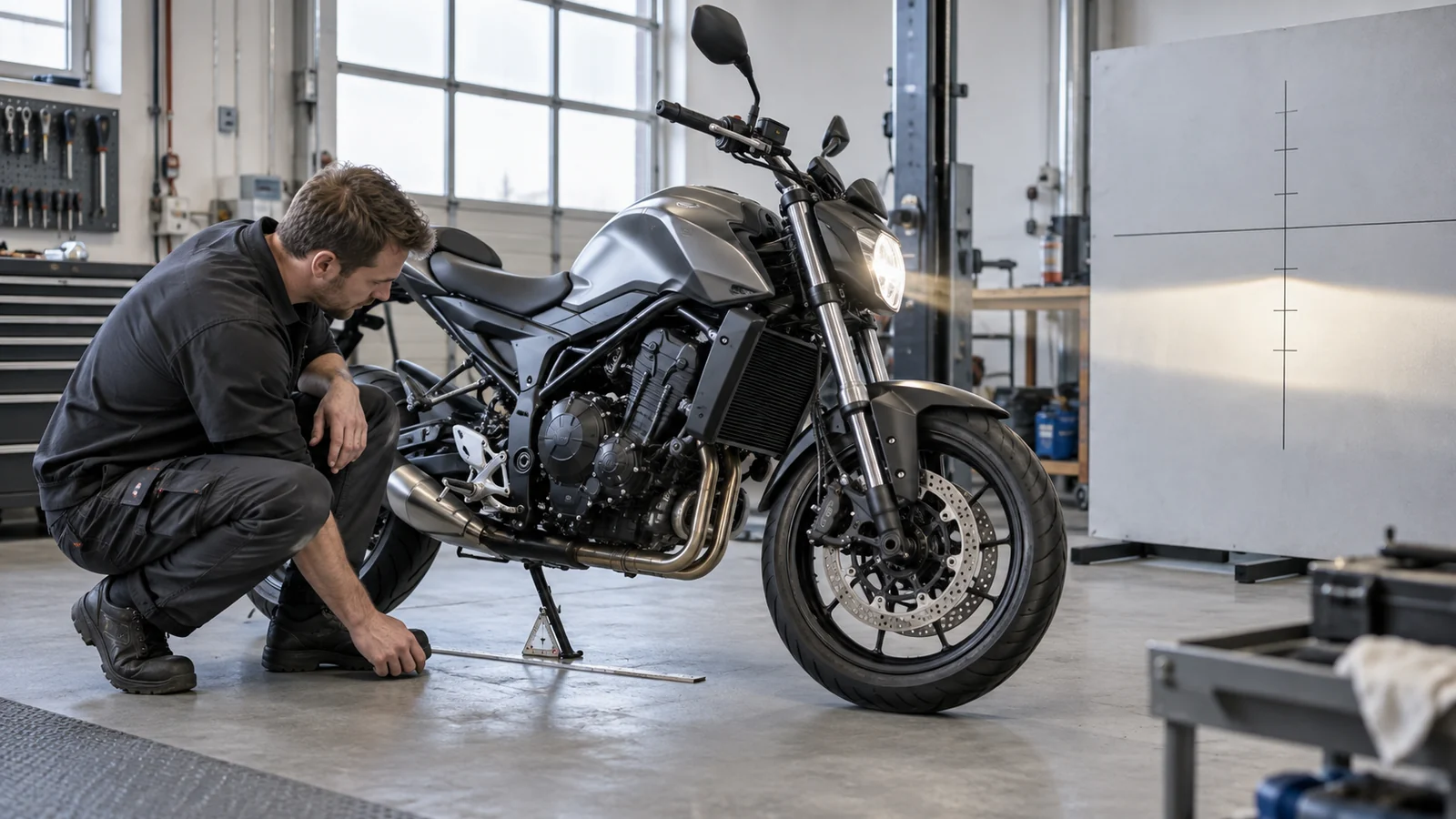 Mechaniker prüft am Boden die Scheinwerfereinstellung eines Motorrads vor einer Messwand. KI-generierte Szene · redaktionell geprüft.