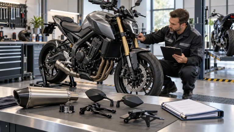 Motorrad-Tuning legal: Mechaniker prüft ein Motorrad und zugehörige Anbauteile in der Werkstatt. KI-generiertes Symbolbild · redaktionell geprüft.