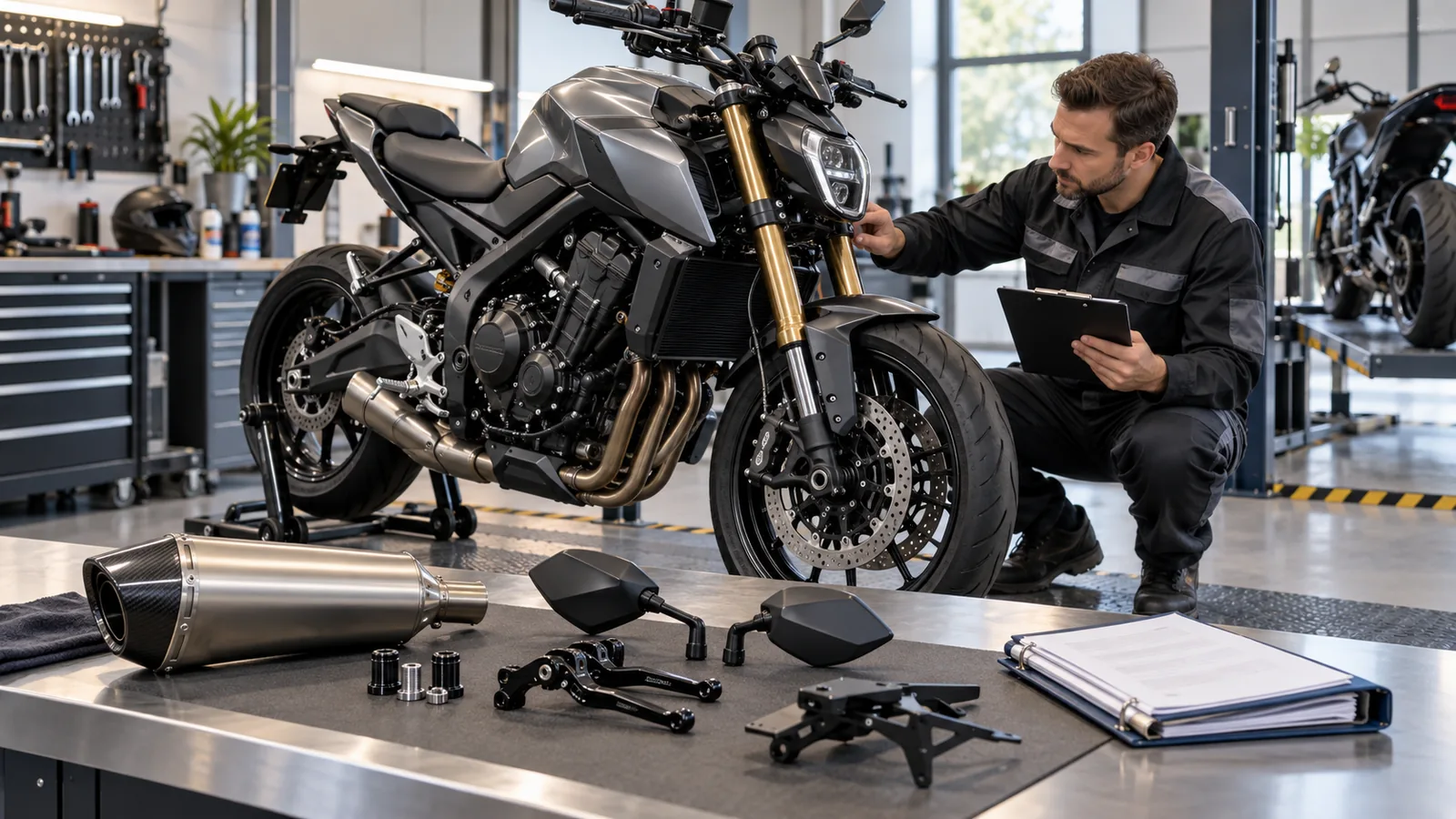 Motorrad-Tuning legal: Mechaniker prüft ein Motorrad und zugehörige Anbauteile in der Werkstatt. KI-generiertes Symbolbild · redaktionell geprüft.
