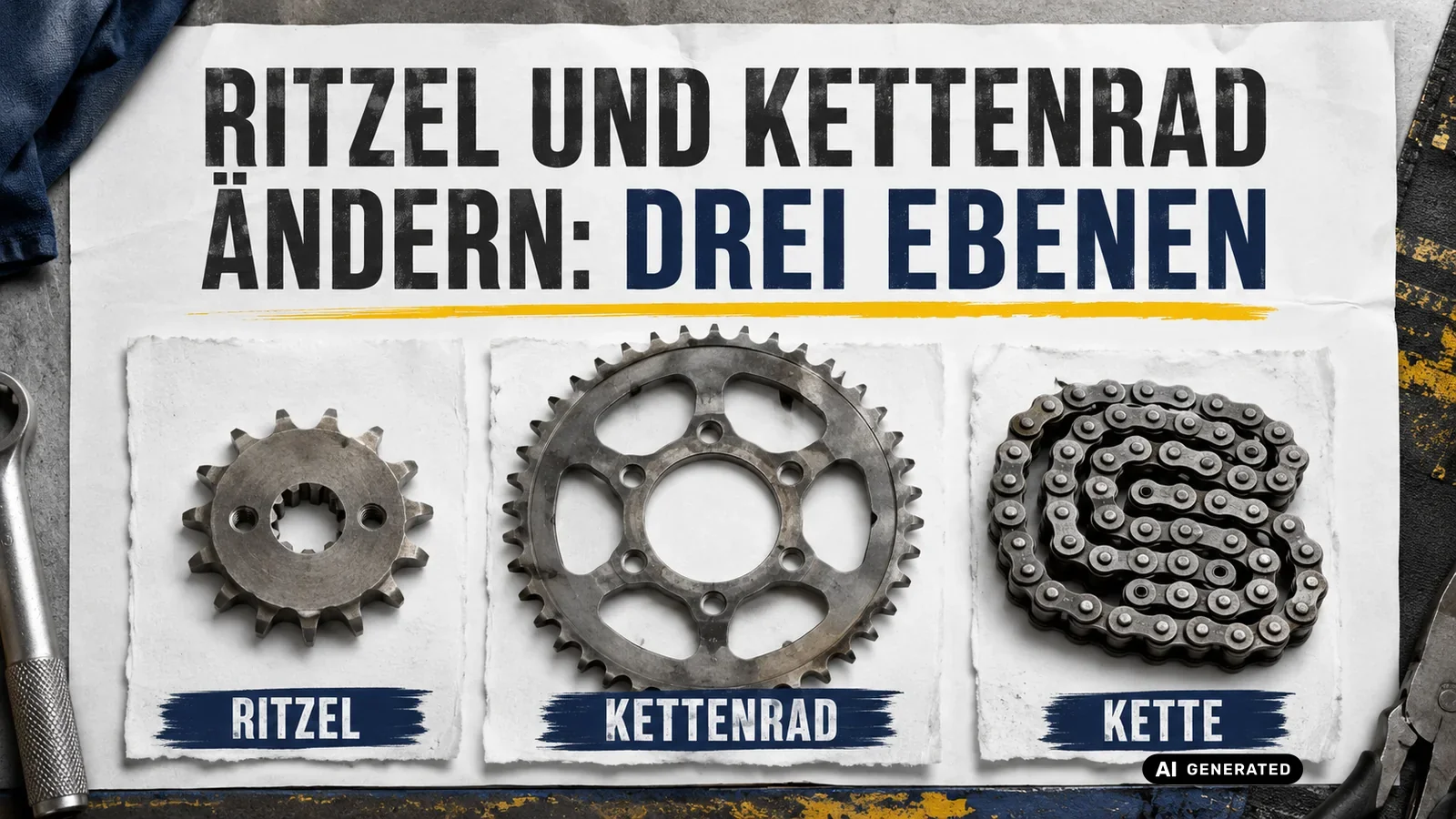 Sekundärantrieb am Motorrad in drei Ebenen: Ritzel, Kettenrad und die verbindende Antriebskette. — KI-generierte Szene, redaktionell geprüft