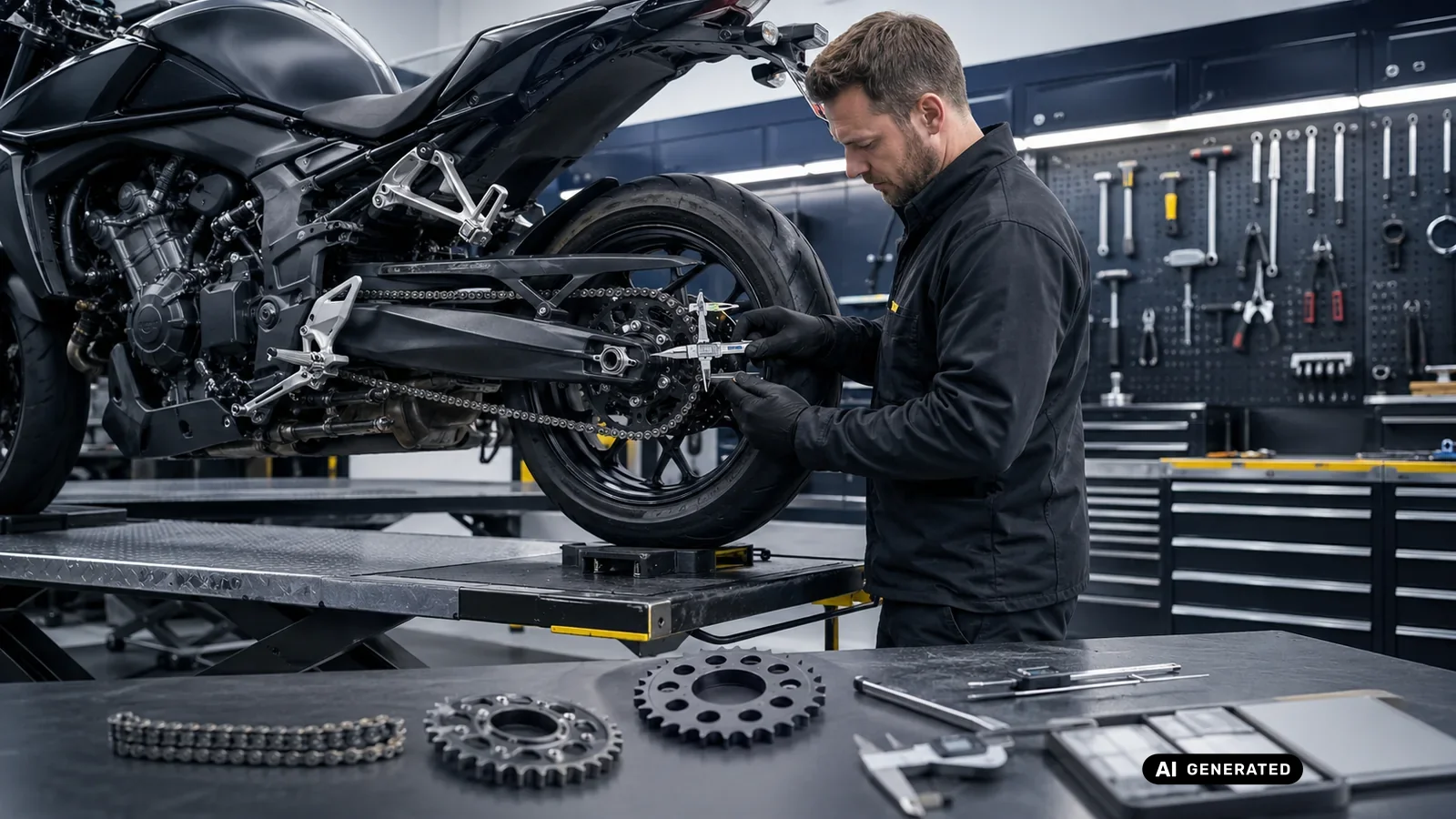 KI-generiertes Symbolbild, redaktionell geprüft: Ein Mechaniker arbeitet am Hinterrad eines Motorrads, im Vordergrund liegen Kettenräder und eine Kette — KI-generierte Szene, redaktionell geprüft
