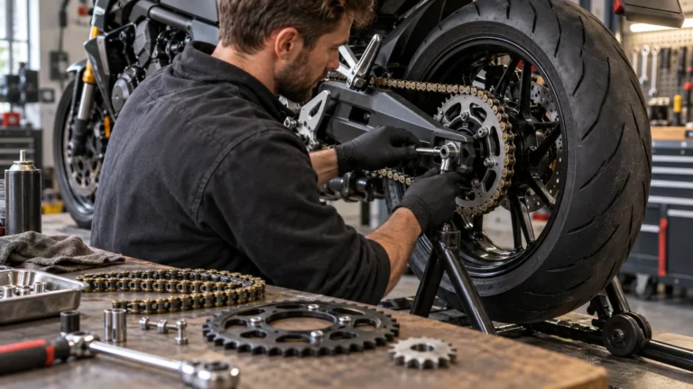 Ritzel und Kettenrad ändern: Mechaniker prüft ein Motorrad und zugehörige Anbauteile in der Werkstatt. KI-generiertes Symbolbild · redaktionell geprüft.
