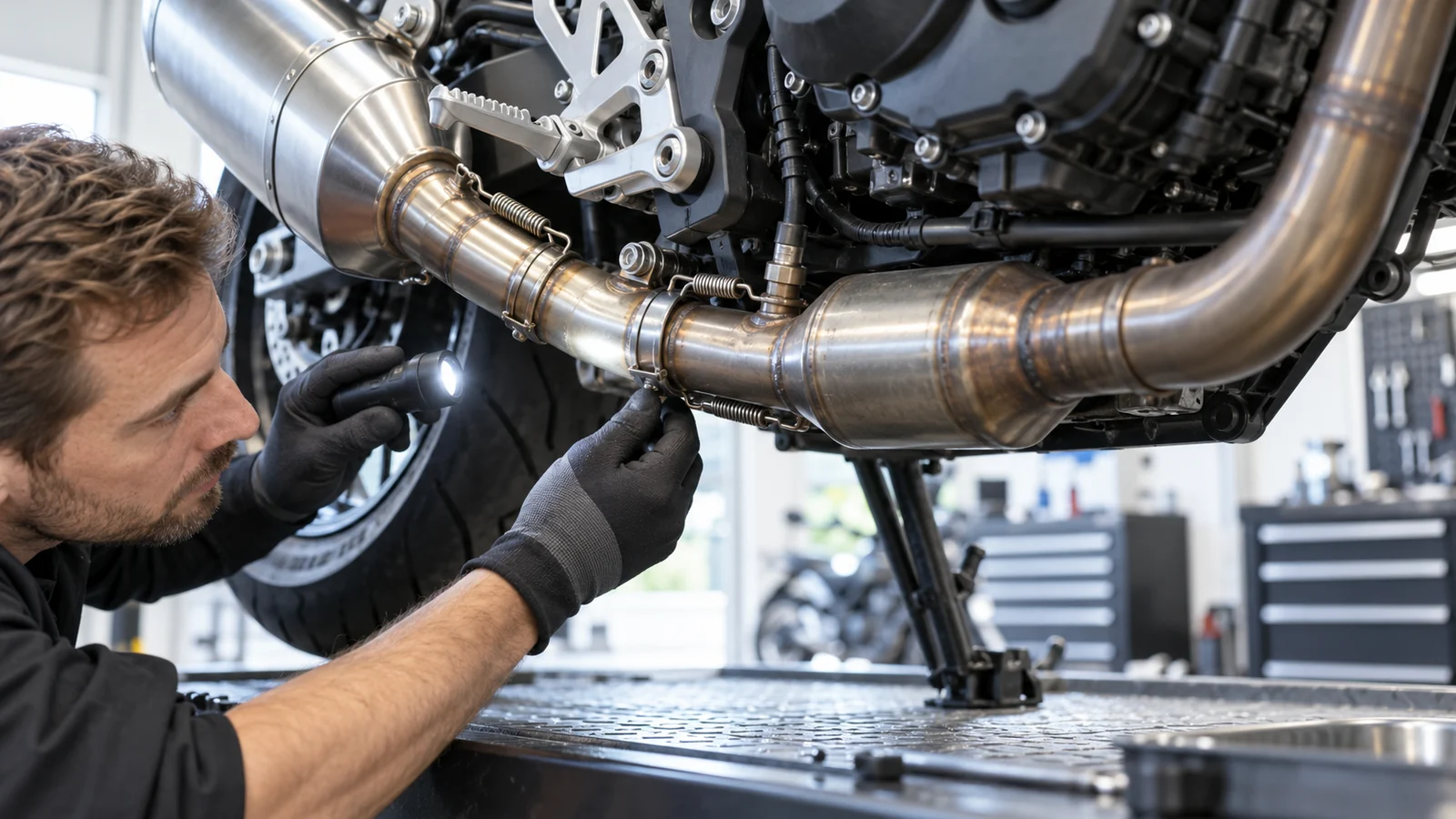 Mechaniker leuchtet unter dem Motorrad auf Katalysator und Zwischenrohr. KI-generierte Szene · redaktionell geprüft.
