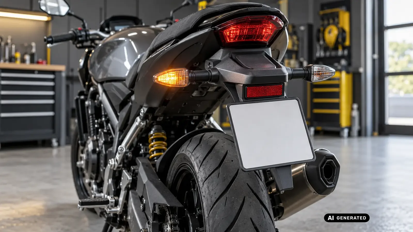 Motorradheck mit zwei korrekt befestigten Blinkern beim Funktionstest KI-generiertes Symbolbild · redaktionell geprüft.