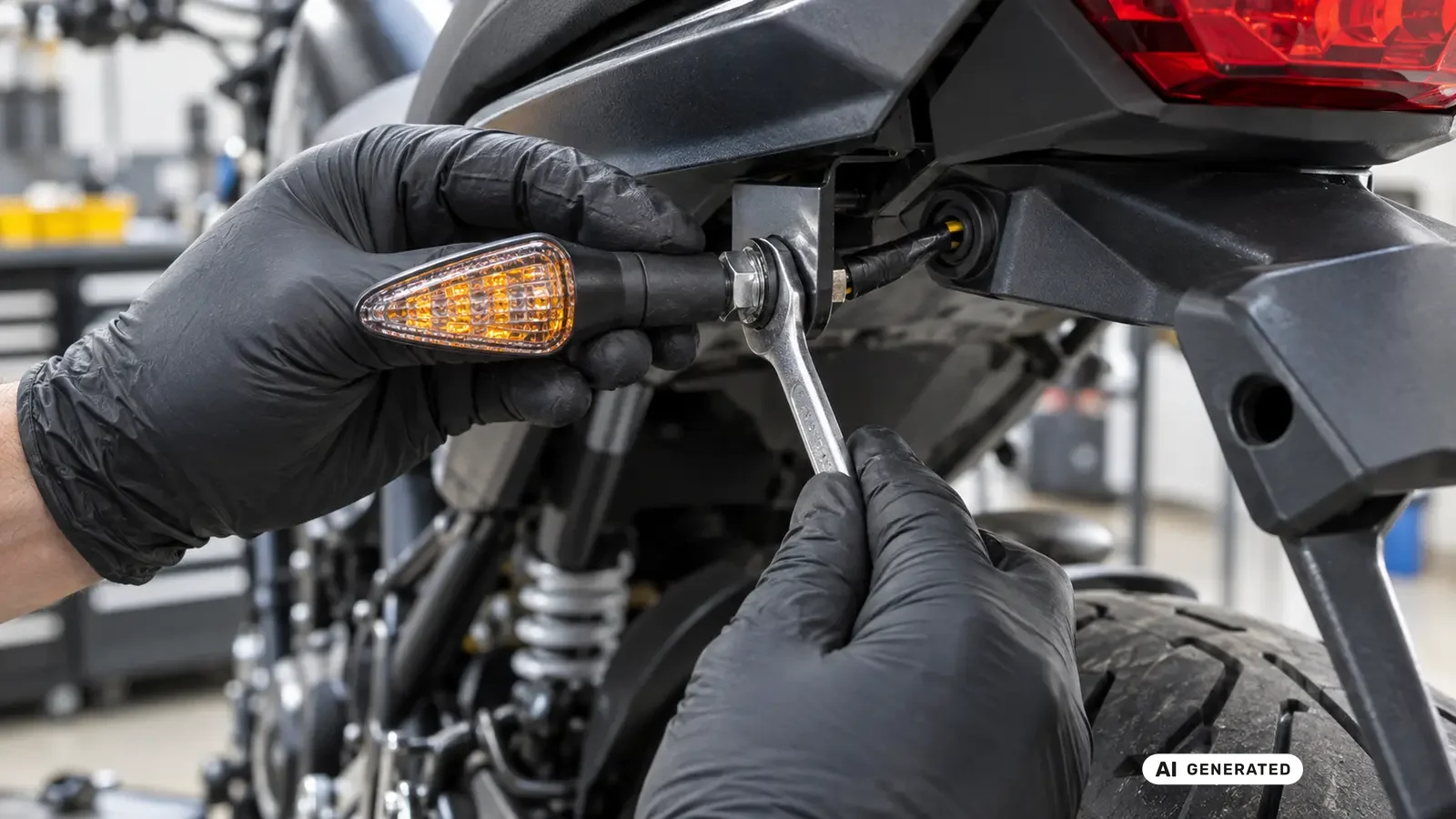 Mechaniker montiert einen LED-Blinker am Motorradheck KI-generiertes Symbolbild · redaktionell geprüft.