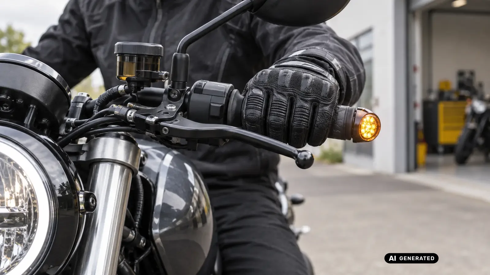 Sichtbarer Lenkerendblinker an einem Motorrad KI-generiertes Symbolbild · redaktionell geprüft.
