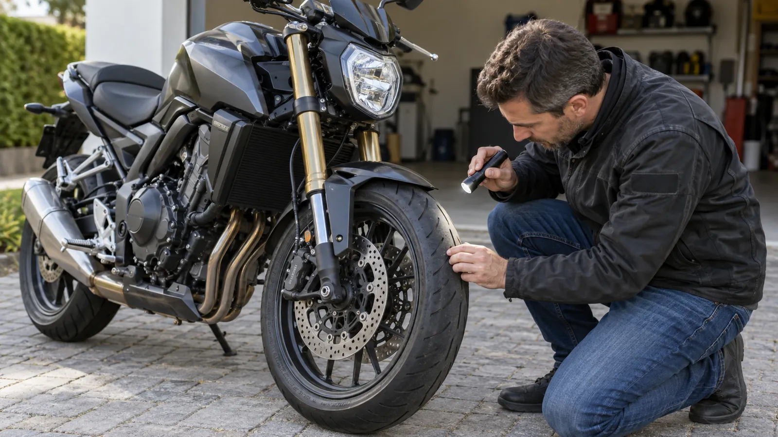 Mann leuchtet mit einer Taschenlampe auf das Profil des Vorderreifens eines Motorrads. KI-generierte Szene · redaktionell geprüft.