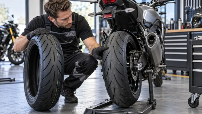 Motorradreifen seit 2025: Mechaniker prüft ein Motorrad und zugehörige Anbauteile in der Werkstatt. KI-generiertes Symbolbild · redaktionell geprüft.