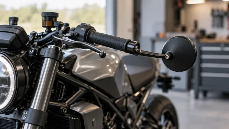 Motorradspiegel und Lenkerendenspiegel: Mechaniker prüft ein Motorrad und zugehörige Anbauteile in der Werkstatt. KI-generiertes Symbolbild · redaktionell geprüft.