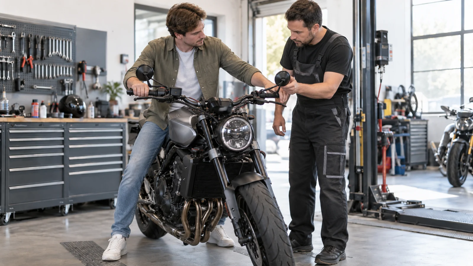 Fahrer sitzt auf dem Motorrad, während der Mechaniker den Spiegel rechts ausrichtet. KI-generierte Szene · redaktionell geprüft.