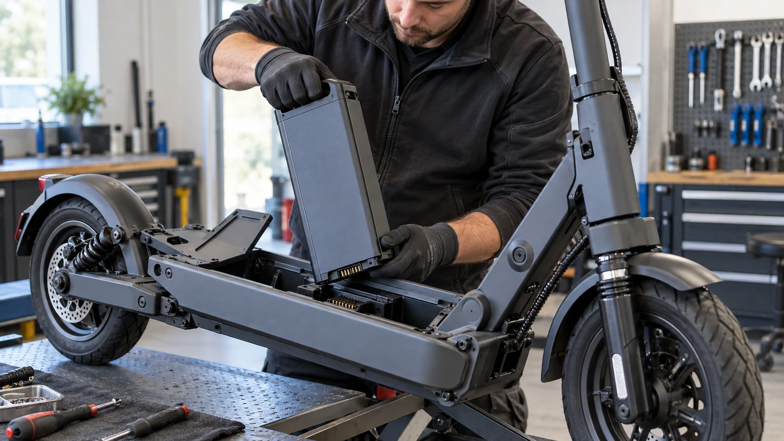 Techniker hebt einen Wechselakku aus dem geöffneten Trittbrett eines E-Scooters. KI-generierte Szene · redaktionell geprüft.