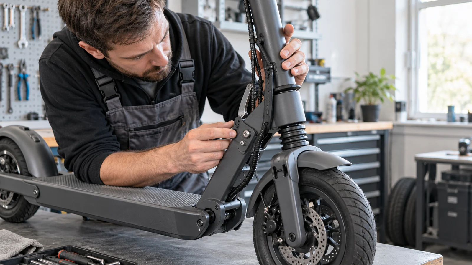 Techniker prüft Faltgelenk und Kabelweg an der Lenkstange eines E-Scooters. KI-generierte Szene · redaktionell geprüft.