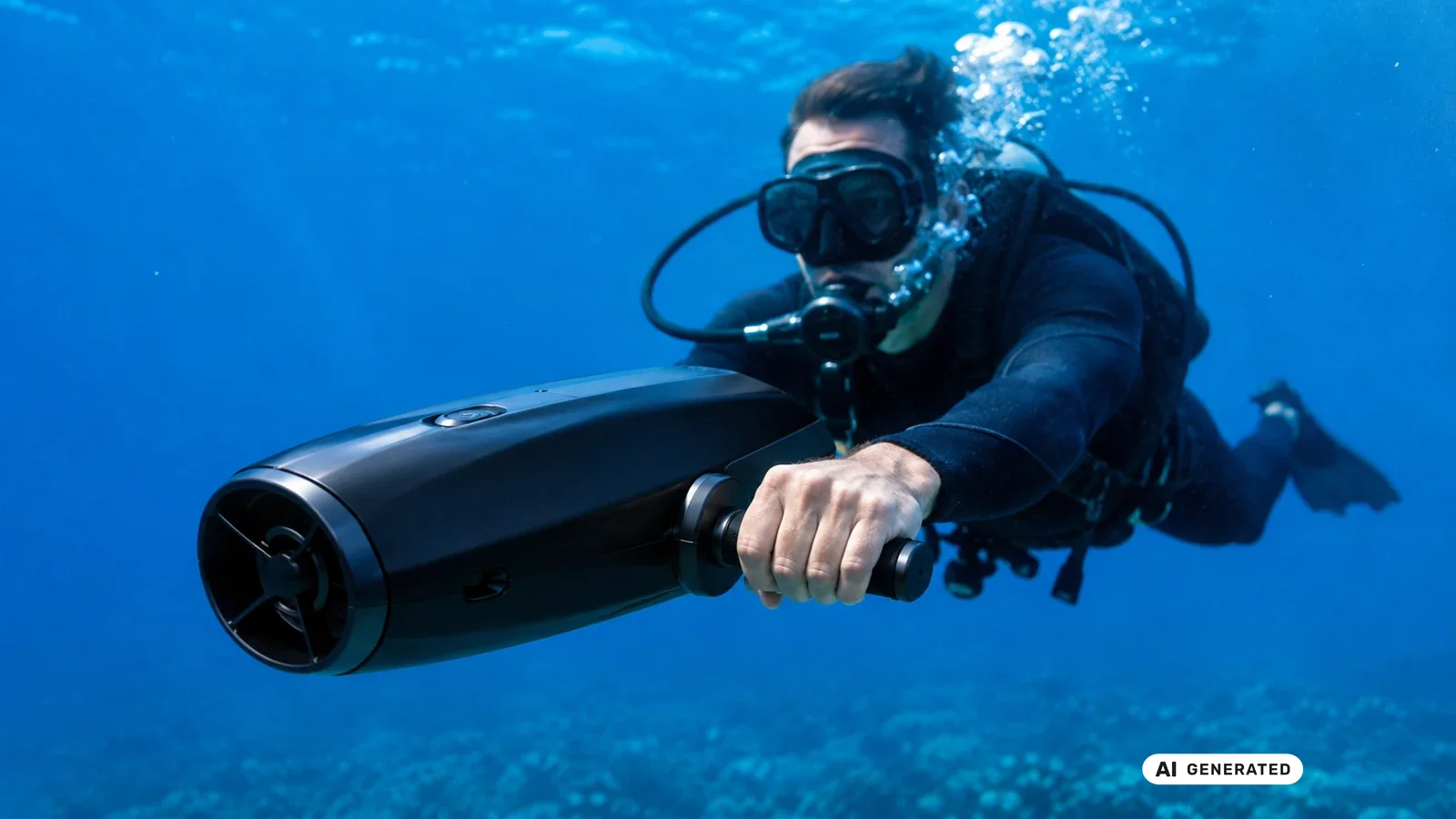 Tauchscooter unter Wasser als Tauchscooter-Trend 2026. KI-generiertes Symbolbild · redaktionell geprüft.