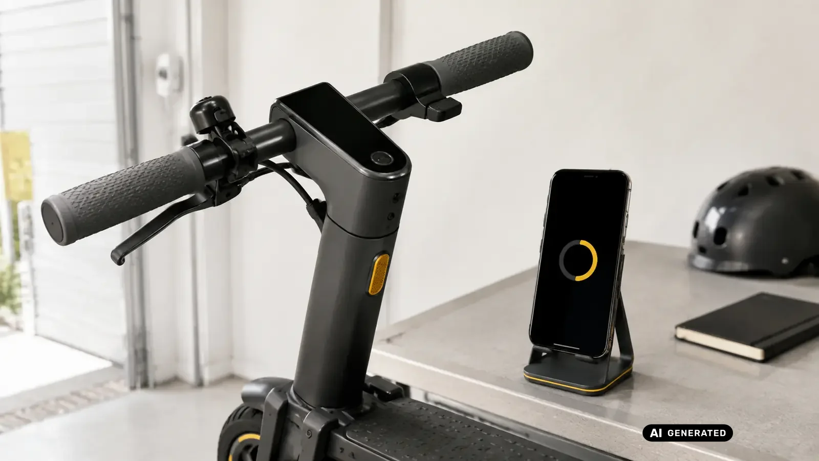 E-Scooter-Cockpit neben Smartphone während eines Firmware-Updates in einer privaten Garage. KI-generiertes Symbolbild.
