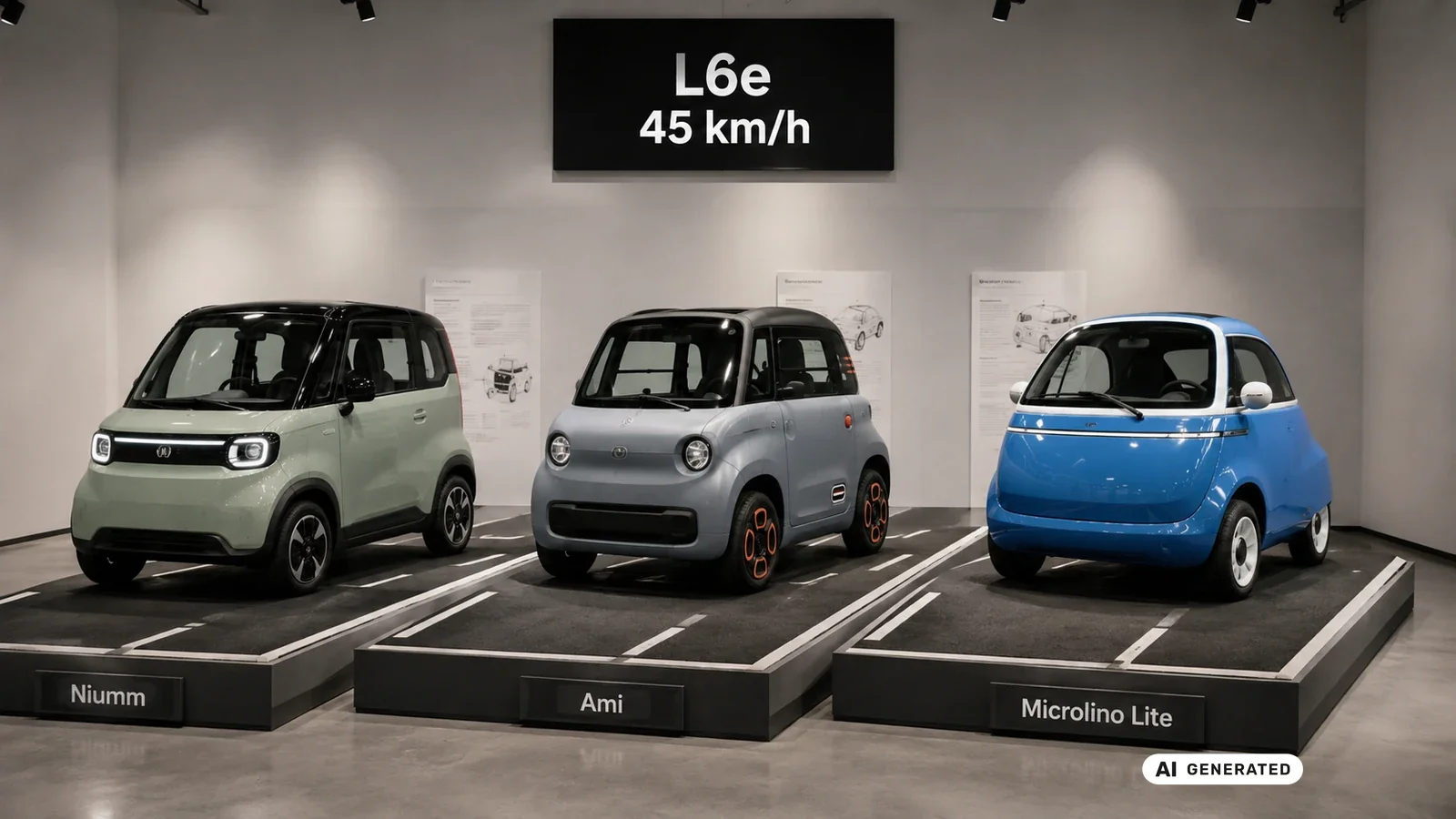 Einordnung NIU Niumm gegen Citroën Ami und Microlino Lite in der L6e-Klasse mit 45 km/h. KI-generiertes Symbolbild · redaktionell geprüft.