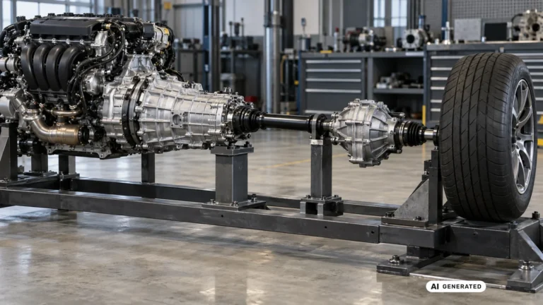 Antriebsstrang aus Motor, Getriebe und Achsantrieb auf einem Werkstattpruefstand mit montiertem Rad