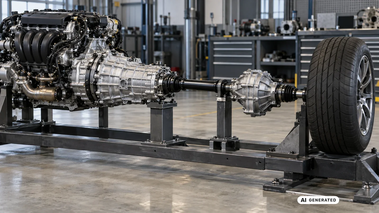 Antriebsstrang aus Motor, Getriebe und Achsantrieb auf einem Werkstattpruefstand mit montiertem Rad