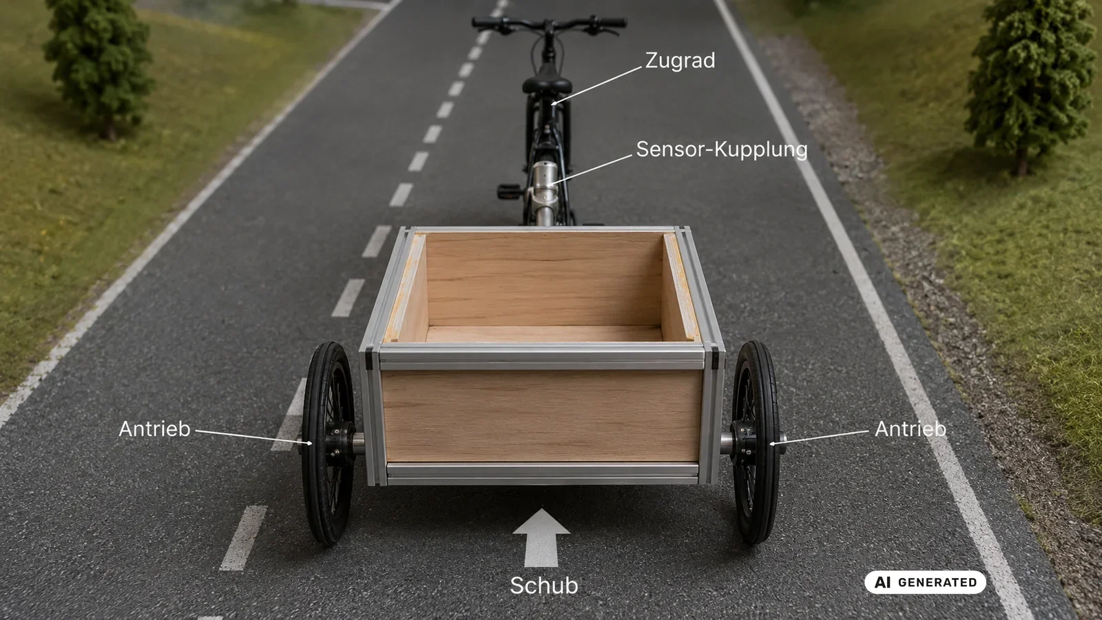 So funktioniert der angetriebene Fahrradanhänger mit eigenem 250-Watt-Antrieb. KI-generiertes Symbolbild · redaktionell geprüft.