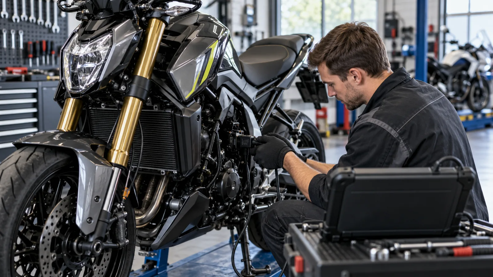 OBD am Motorrad. KI-generiertes Symbolbild · redaktionell geprüft.