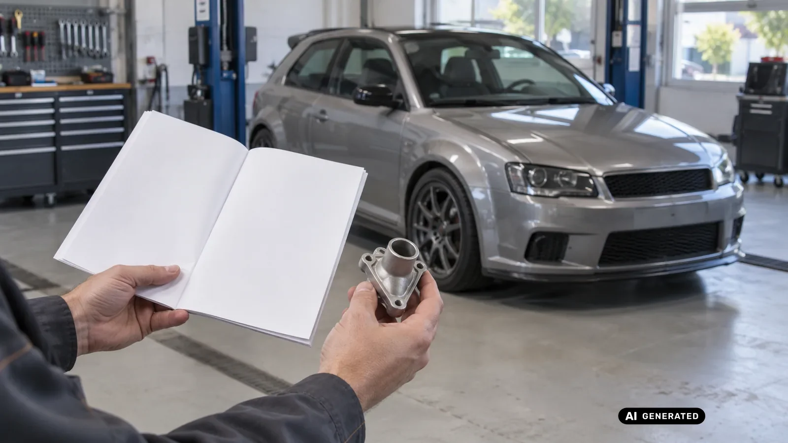 Dokumenten- und Bauteilabgleich für den Beitrag Opel Astra J GTC OPC; Schrift und persönliche Daten sind nicht lesbar. — KI-generierte Szene, redaktionell geprüft