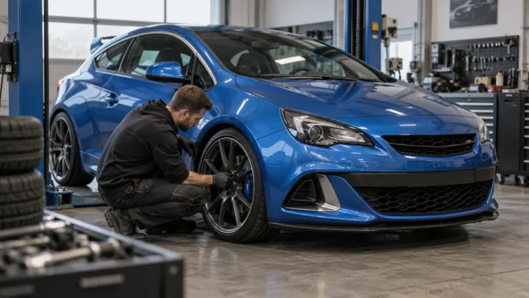 Opel Astra J GTC OPC 2012–2018 legal tunen: Servicetechniker prüft das Fahrzeug in der Kfz-Werkstatt. KI-generiertes Symbolbild · redaktionell geprüft.