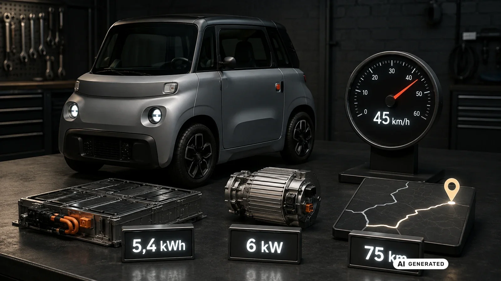 Technische Daten Opel Rocks: 45 km/h, 6 kW Nenndauer, 5,4 kWh, 75 km. KI-generiertes Symbolbild · redaktionell geprüft.