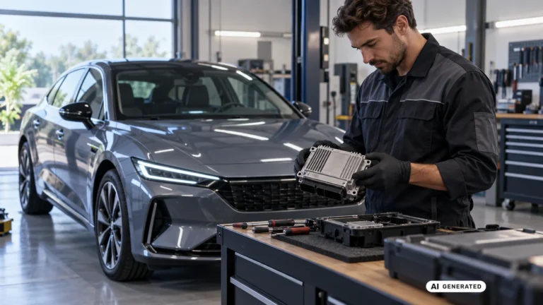 Mechaniker prüft ein Steuergerät in der Werkstatt, im Hintergrund ein Fahrzeug auf der Hebebühne. KI-generiertes Symbolbild · redaktionell geprüft.