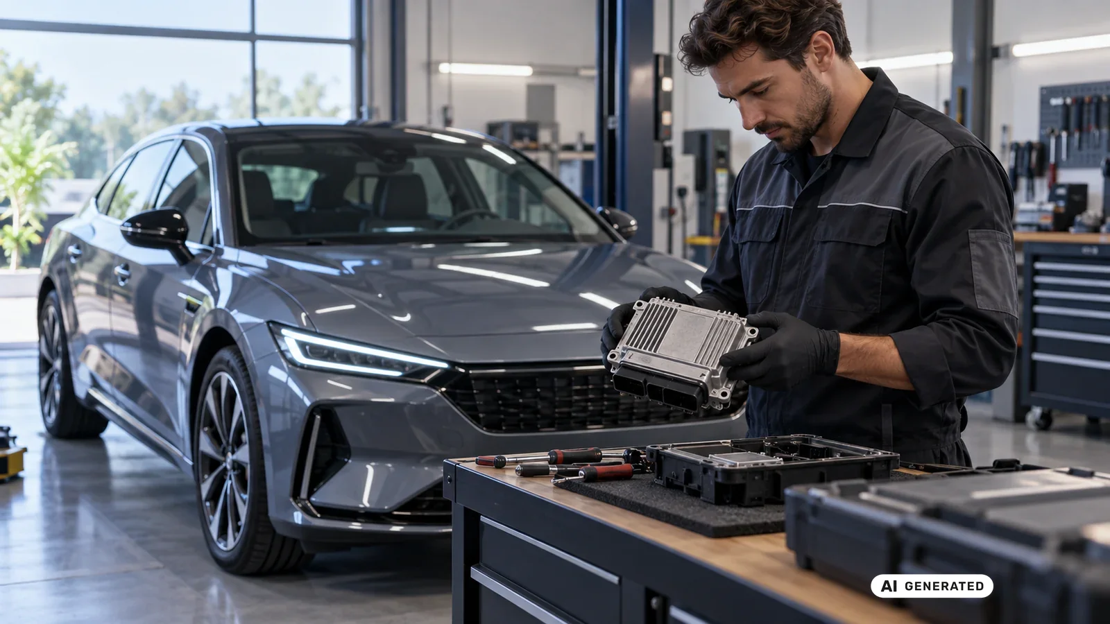 Mechaniker prüft ein Steuergerät in der Werkstatt, im Hintergrund ein Fahrzeug auf der Hebebühne. KI-generiertes Symbolbild · redaktionell geprüft.
