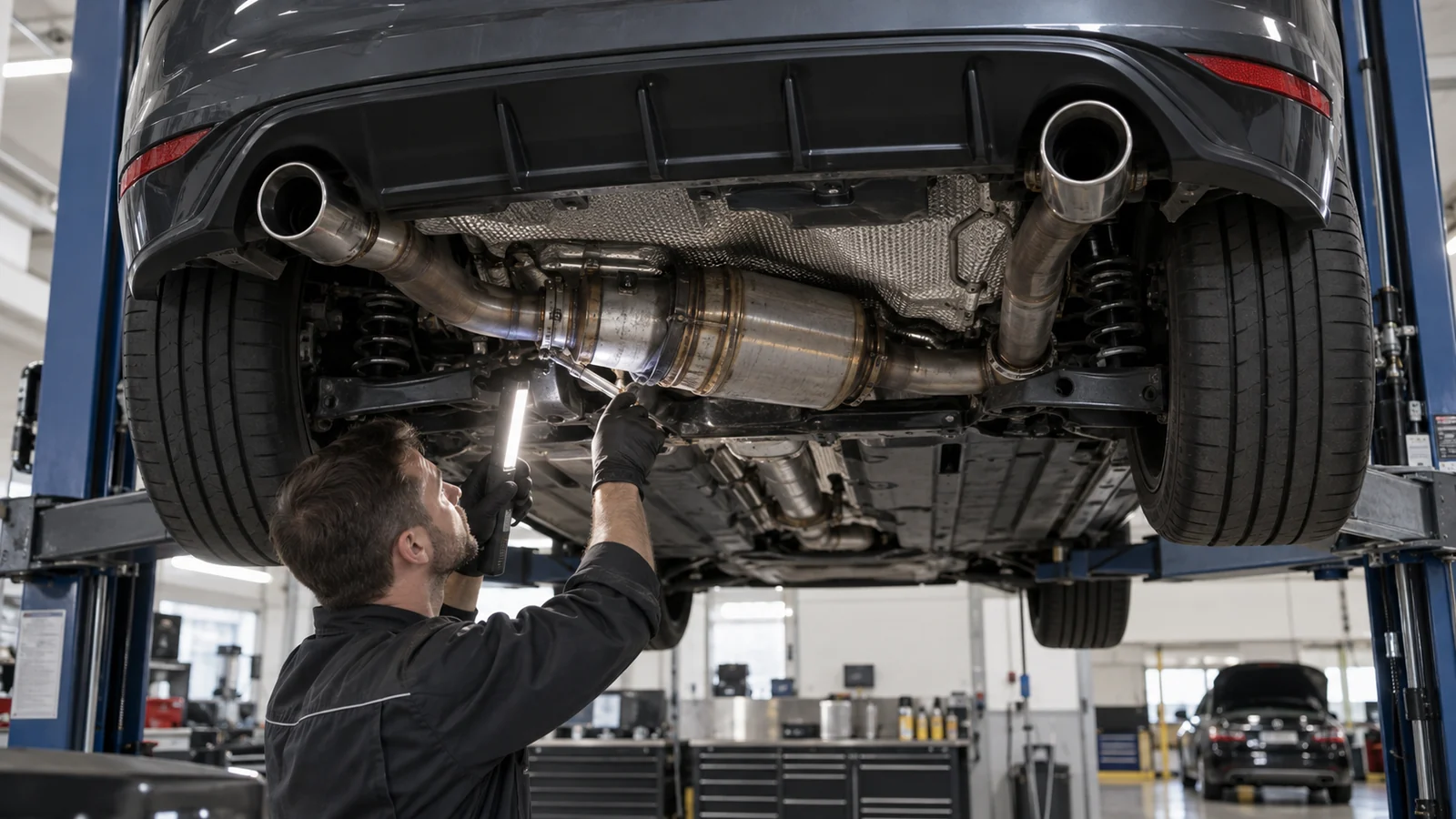 Mechaniker leuchtet unter dem Auto Katalysator und Abgasanlage ab. KI-generierte Szene · redaktionell geprüft.